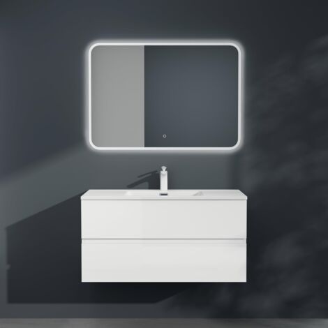Mai & Mai Mobile Bagno Sospeso 100cm, Mobile da Bagno con 2 Cassetti Include Lavabo Bianco Aqualis F074, Bianco opaco