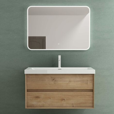 Mai & Mai Mobile Bagno Sospeso 100cm, Mobile da Bagno con 2 Cassetti Include Lavabo e Specchio LED Bianco Rimo F156, Marrone chiaro