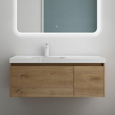 Mai & Mai Mobile Bagno Sospeso 100cm, Mobile da Bagno con Cassetto Include Lavabo Bianco Salerno F156, Marrone chiaro