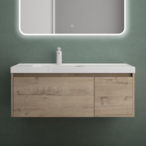 Mai & Mai Mobile Bagno Sospeso 100cm, Mobile da Bagno con Cassetto Include Lavabo Bianco Salerno F161, Rovere chiaro