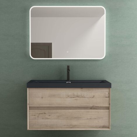 Mai & Mai Mobile Bagno Sospeso 100cm, Mobiletto per Bagno con 2 Cassetti Include Lavabo Antracite opaco e Specchio LED Rimo F161, Rovere chiaro