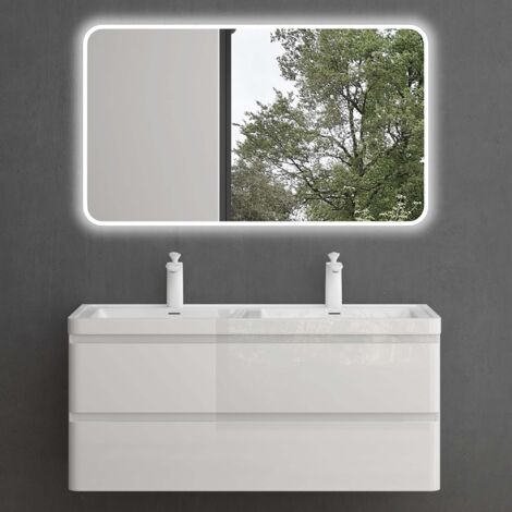 Mai & Mai Mobile Bagno Sospeso 120x48x55cm con Lavabo in Marmo fuso e Specchio LED, Mobiletto da Bagno con 2 Cassetti di Chiusura Soft-close, Mobile sospeso Lavandino Bagno Bianco, Lucca
