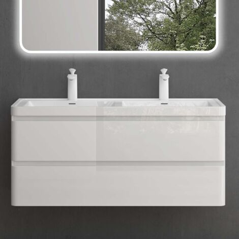 Mai & Mai Mobile Bagno Sospeso 120x48x55cm con Lavabo in Marmo fuso, Mobiletto da Bagno con 2 Cassetti di Chiusura Soft-close, Mobile sospeso Lavandino Bagno Bianco, Lucca
