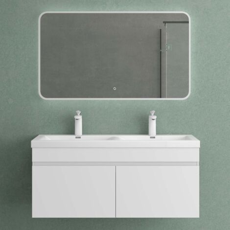 Mai & Mai Mobile Bagno sospeso 120x48x55cm, Mobiletto per Bagno con Lavabo Doppio e Specchio LED, Bianco opaco, Seria Botanica