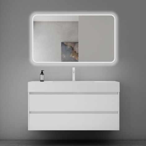 Mai & Mai Mobile Bagno Sospeso 120x48x63cm, Mobile da Bagno con Cassetto Soft-Close Include Lavabo Bianco 120cm e Specchio LED, Bianco Opaco