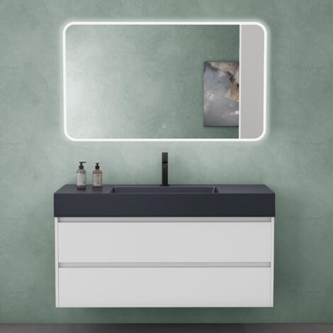 Mai & Mai Mobile Bagno Sospeso 120x48x63cm, Set di Arredo Bagno Bianco Opaco, Mobile Sottolavabo con Cassetto Soft-Close, Mobile da bagno con Lavabo Antracite 120cm e Specchio LED