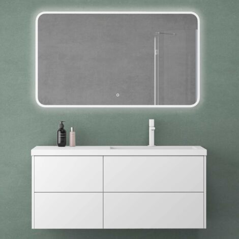 Mai & Mai Mobile Bagno Sospeso 46x120x54cm Bianco opaco, Mobile da Bagno con 4 Cassetti Include Lavabo Bianco 120cm e Specchio LED Seria Moment