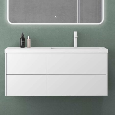 Mai & Mai Mobile Bagno Sospeso 46x120x54cm Bianco opaco, Mobile da Bagno con 4 Cassetti Include Lavabo Bianco 120cm Seria Moment