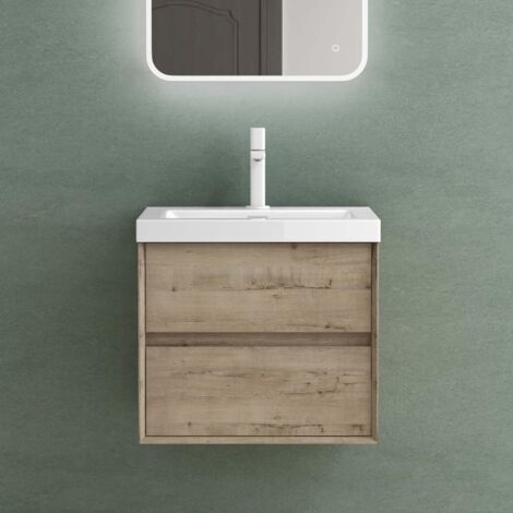 Mai & Mai Mobile Bagno Sospeso 60cm, Mobile da Bagno con 2 Cassetti Include Lavabo Bianco Rimo F161, Rovere chiaro