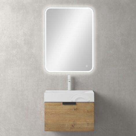 Mai & Mai Mobile Bagno Sospeso 60x46cm, Mobile da Bagno con Cassetto Soft-Close Include Lavabo Bianco 60cm e Specchio LED Seria Lonato, Marrone chiaro