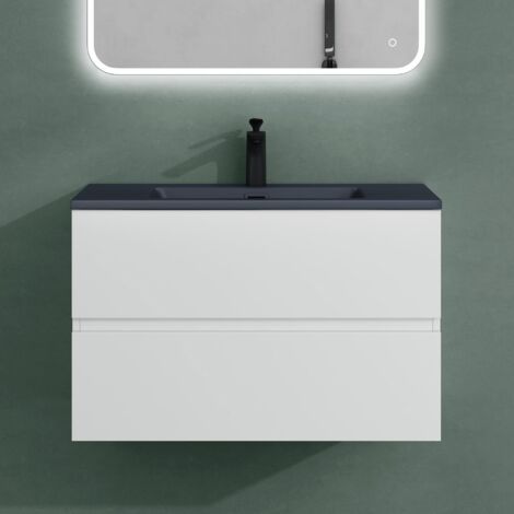 Mai & Mai Mobile Bagno Sospeso 80cm, Mobile da Bagno Bianco Opaco con 2 Cassetti Include Lavabo Antracite Opaco Aqualis F079