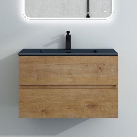 Mai & Mai Mobile Bagno Sospeso 80cm, Mobile da Bagno Marrone Chiaro con 2 Cassetti Include Lavabo Antracite Opaco Aqualis F156