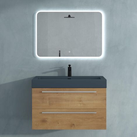 Mai & Mai Mobile Bagno Sospeso 90cm, Mobile da Bagno con Lavabo in Antracite Opaco e Specchio LED, Marrone Chiaro, Seria Quadratto