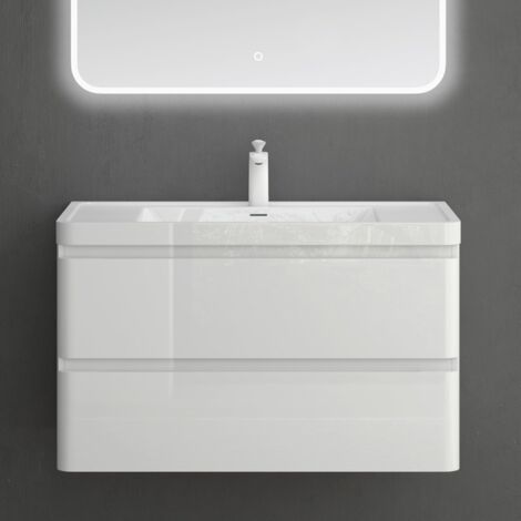 Mai & Mai Mobile Bagno Sospeso 90x48x50cm con Lavabo in Marmo fuso e Specchio LED, Mobiletto da Bagno con 2 Cassetti di Chiusura Soft-close, Mobile sospeso Lavandino Bagno Bianco, Seria BC014-Lackier