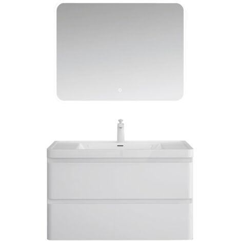 Mai & Mai Mobile Bagno Sospeso 90x48x50cm con Lavabo in Marmo fuso, Mobiletto da Bagno con 2 Cassetti di Chiusura Soft-close, Mobile sospeso Lavandino Bagno Bianco, Lucca
