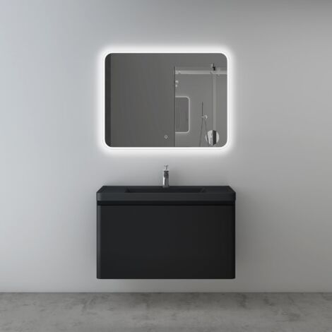 Mai & Mai Mobile Bagno Sospeso 90x48x50cm, Mobile da Bagno con Cassetto Include Lavabo e Specchio LED, Nero opaco, Seria BC013-Lackier