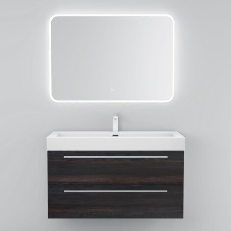 Mai & Mai Mobile Bagno Sospeso100cm, Mobiletto per Bagno con Lavabo e Specchio LED, Grigio Scuro, Seria Quadratto