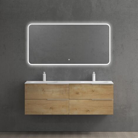 Mai & Mai Mobile Bagno Sospeso144x48x52cm, Mobiletto per Bagno con Lavabo Doppio e Specchio LED, Marrone chiaro, Seria Vanessa