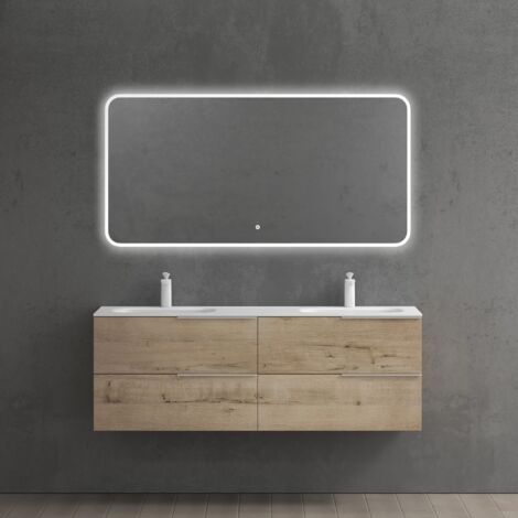 Mai & Mai Mobile Bagno Sospeso144x48x52cm, Mobiletto per Bagno con Lavabo Doppio e Specchio LED, Rovere chiaro, Seria Vanessa