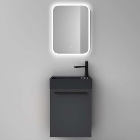 Mai & Mai Mobile Bagno Sospeso46x26x63cm in Antracite opaco, Set Mobile da Bagno Include Lavabo da Minerale fuso e Specchio LED in Antracite opaco, Seria Pisa02