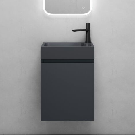 Mai & Mai Mobile Bagno Sospeso46x26x63cm in Antracite opaco, Set Mobiletto per Bagno con Lavabo da Minerale fuso in Antracite opaco, Seria Pisa02