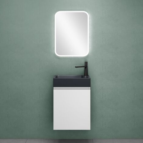 Mai & Mai Mobile Bagno Sospeso46x26x63cm in Bianco opaco, Set Mobiletto per Bagno con Lavabo da Minerale fuso in Antracite opaco e Specchio LED, Seria Pisa02