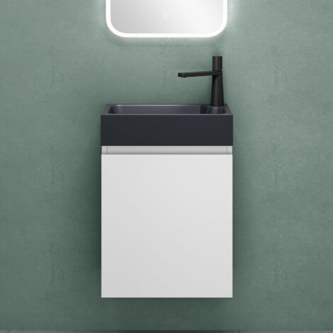 Mai & Mai Mobile Bagno Sospeso46x26x63cm in Bianco opaco, Set Mobiletto per Bagno con Lavabo da Minerale fuso in Antracite opaco, Seria Pisa02
