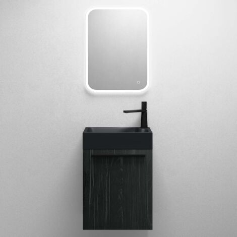Mai & Mai Mobile Bagno Sospeso46x26x63cm in Nero, Set Mobile da Bagno Include Lavabo da Minerale fuso e Specchio LED in Antracite opaco, Seria Pisa02