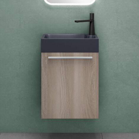 Mai & Mai Mobile Bagno Sospeso46x26x63cm in Rovere chiaro, Set Mobile da Bagno Include Lavabo da Minerale fuso in Antracite opaco, Seria Pisa02