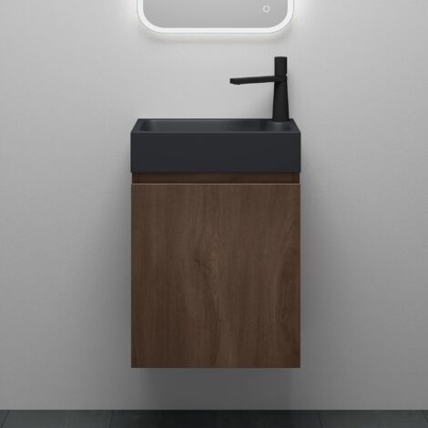 Mai & Mai Mobile Bagno Sospeso46x26x63cm in Rovere marrone, Set Mobiletto per Bagno con Lavabo da Minerale fuso in Antracite opaco, Seria Pisa02
