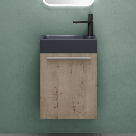 Mai & Mai Mobile Bagno Sospeso46x26x63cm in Rovere scuro, Set Mobile da Bagno Include Lavabo da Minerale fuso in Antracite opaco, Seria Pisa02