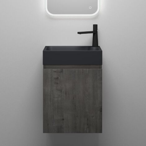 Mai & Mai Mobile Bagno Sospeso46x26x63cm in Rovere scuro, Set Mobiletto per Bagno con Lavabo da Minerale fuso in Antracite opaco, Seria Pisa02