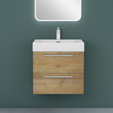 Mai & Mai Mobile Bagno Sospeso60cm, Mobile da Bagno con 2 Cassetti Include Lavabo, Marrone chiaro, Seria Quadratto F156