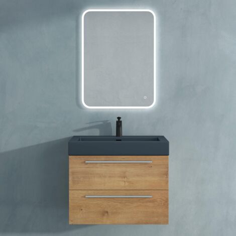 Mai & Mai Mobile Bagno Sospeso73cm, Mobile da Bagno con Lavabo in Antracite Opaco e Specchio LED, Marrone chiaro, Seria Quadratto