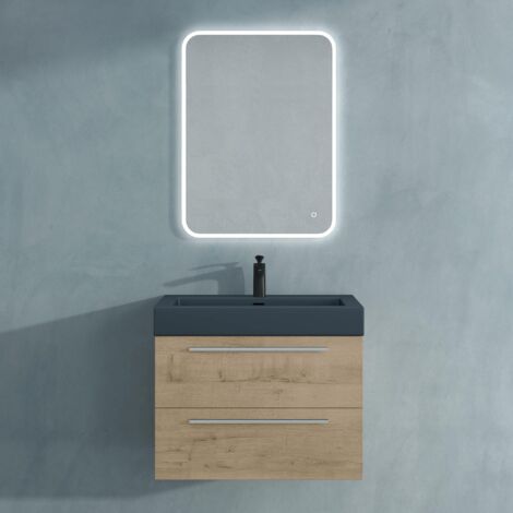 Mai & Mai Mobile Bagno Sospeso73cm, Mobile da Bagno con Lavabo in Antracite Opaco e Specchio LED, Rovere chiaro, Seria Quadratto