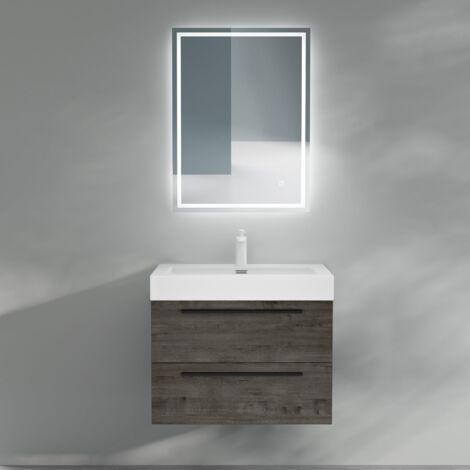 Mai & Mai Mobile Bagno Sospeso73cm, Mobiletto per Bagno con Lavabo e Specchio LED, Rovere scuro, Seria Quadratto