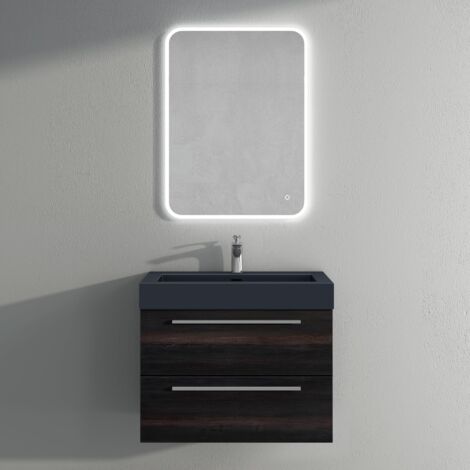 Mai & Mai Mobile Bagno Sospeso73cm, Mobiletto per Bagno con Lavabo in Antracite Opaco e Specchio LED, Grigio Scuro, Seria Quadratto