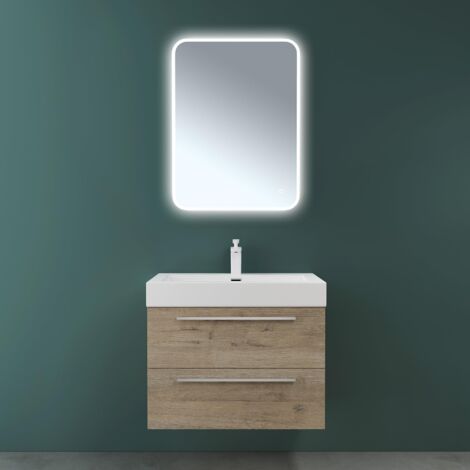 Mai & Mai Mobile Bagno Sospeso73x48x60cm, Mobile da Bagno con 2 Cassetti Include Lavabo e Specchio LED, Rovere chiaro, Seria Quadratto F161