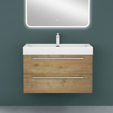 Mai & Mai Mobile Bagno Sospeso90cm, Mobile da Bagno con 2 Cassetti Include Lavabo, Marrone chiaro, Seria Quadratto F156