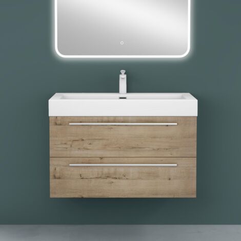 Mai & Mai Mobile Bagno Sospeso90cm, Mobile da Bagno con 2 Cassetti Include Lavabo, Rovere chiaro, Seria Quadratto F161
