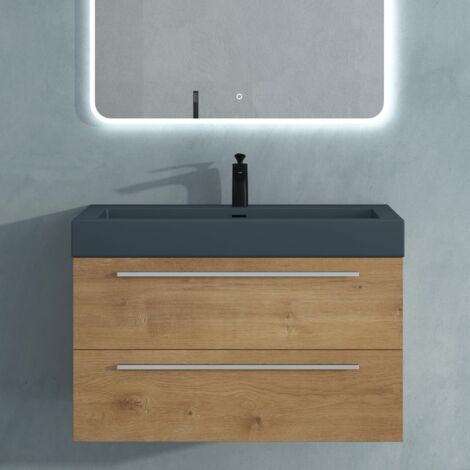 Mai & Mai Mobile Bagno Sospeso90cm, Mobile da Bagno con Lavabo in Antracite Opaco, Marrone chiaro, Seria Quadratto