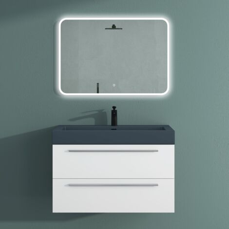 Mai & Mai Mobile Bagno Sospeso90cm, Mobiletto per Bagno con Lavabo in Antracite Opaco e Specchio LED, Bianco Opaco, Seria Quadratto