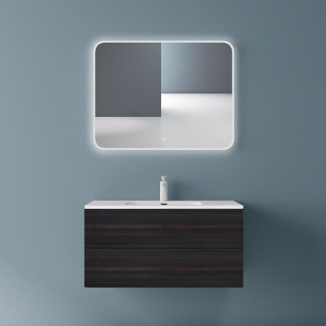 Mai & Mai Mobile Bagno Sospeso90x48x47cm, Mobile da Bagno con 2 Cassetti e Specchio LED, Marrone scuro, Seria Paestum