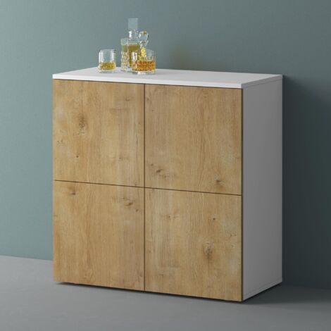 Mai & Mai Mobile Contenitore 76x36.4x74cm, Mobiletto Multiuso con 4 ante e 4 vani per Soggiorno, Sala da Pranzo, Camera da Letto Schrank04, Bianco opaco+Marrone chiaro
