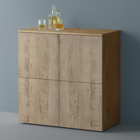 Mai & Mai Mobile Contenitore 76x36.4x74cm, Mobiletto Multiuso con 4 ante e 4 vani per Soggiorno, Sala da Pranzo, Camera da Letto Schrank04, Marrone chiaro+Rovere chiaro