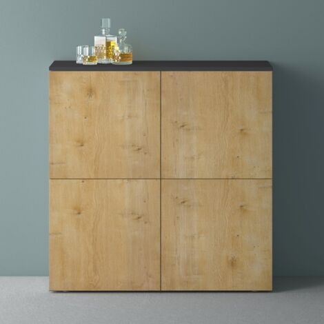 Mai & Mai Möbel Kommode Aufbewahrungsschrank mit 4 Türen in Anthrazit matt + Kerneiche Sideboard Schrank Mehrzweckschrank BTH: 100x36,4x98 cm Schrank04