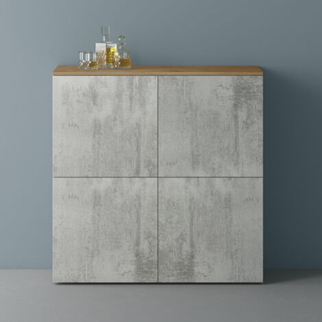 Mai & Mai Möbel Kommode Aufbewahrungsschrank mit 4 Türen in Kerneiche + Beton Sideboard Schrank Mehrzweckschrank BTH: 100x36,4x98 cm Schrank04