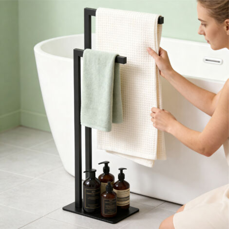 Mai & Mai Porta Asciugamani Bagno da Terra a 2 Bracci, Portasciugamani in Acciaio per Bagno, Antiruggine, Nero Opaco, Tavrin-02