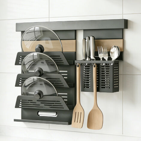 Mai & Mai Porta Coperchi e Porta Mestoli da Cucina in Lamiera Zincata, Portautensili con 5 Ganci, Portacoperchi a 3 Livelli, da Parete con Guide, Grigio, Reglo-11+Reglo-12