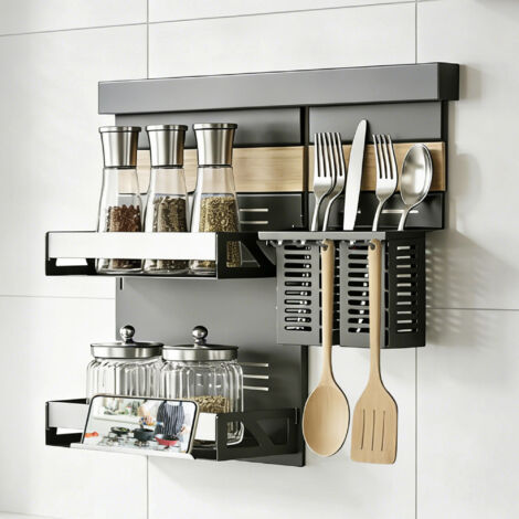 Mai & Mai Porta Spezie a Due Ripiani e Porta Mestoli da Cucina in Lamiera Zincata, Portaspezie con Supporto per Cellulare, Portautensili con 5 Ganci, Grigio, da Appendere con Guide, Reglo-09+Reglo-12